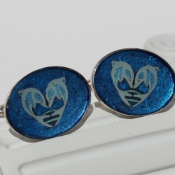 Manschettenknöpfe Oval mit Delphin Paar in Meerblau Blau Manschettenknöpfe Oval mit Delphin Paar in Meerblau Blau
