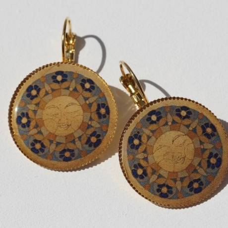 Dekorative Brisuren Ohrringe mit Sonne Mandala in Gelb Blau Gold