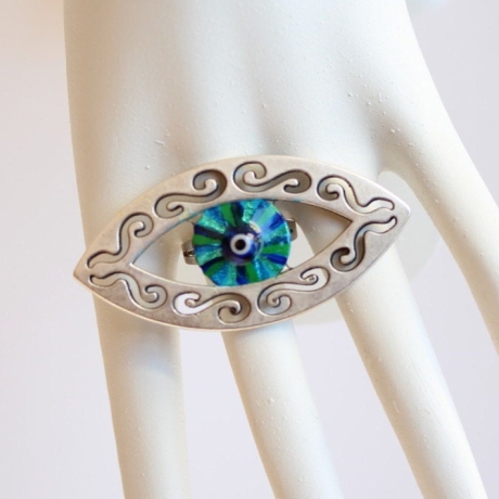 Damen Ring mit Auge in filigranem Rahmen Blau Grün Türkis,