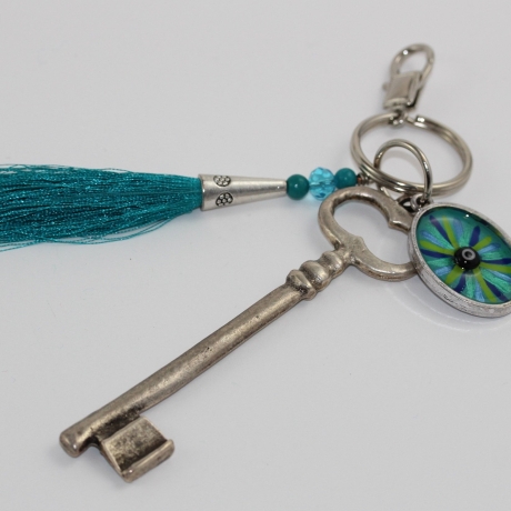 Glücks Auge Anhänger mit Vintage Schlüssel und Quaste, türkis
