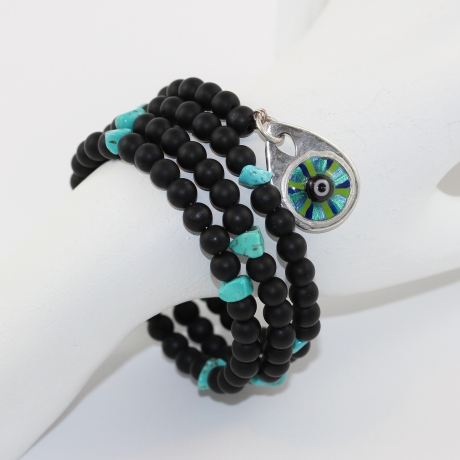 Mala Stil Wickel-Armband aus Onyx und Türkis mit Mati Auge