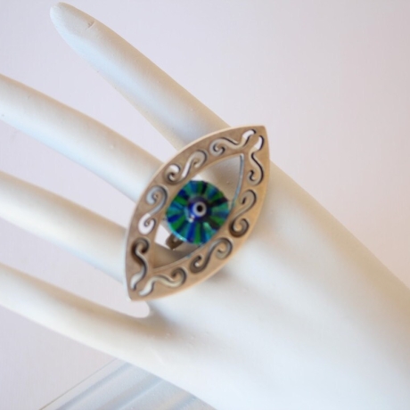 Damen Ring mit Auge in filigranem Rahmen Blau Grün Türkis,