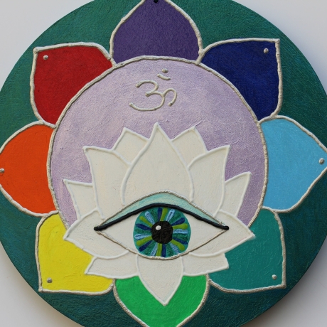 Chakra Farben Lotus Symbol Wand Deko mit Mati Auge und Om, bunt