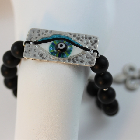 Markantes Onyx Edelstein Perlen Armband mit Glücksbringer Auge