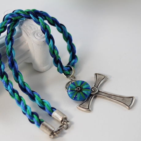 Halskette mit Ankh Kreuz und Glücksbringer Auge in Türkis Blau