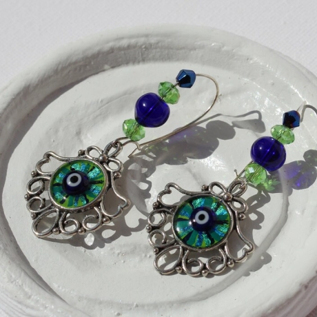 Ohrringe mit Auge im Vintage Look, Damen Ohrschmuck grün blau