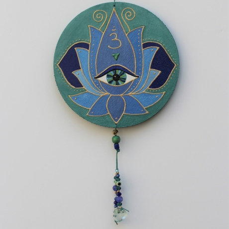 Drittes Auge Chakra Wand Deko rund mit Lotusblume, petrol grün