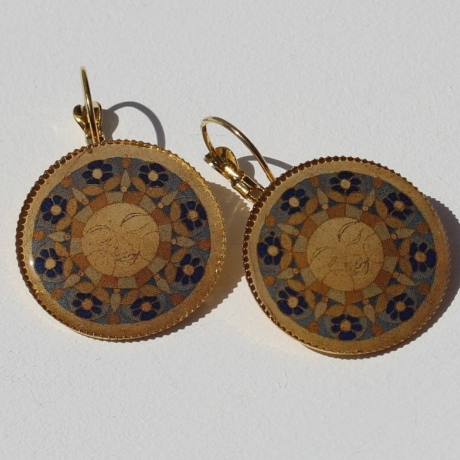 Dekorative Brisuren Ohrringe mit Sonne Mandala in Gelb Blau Gold