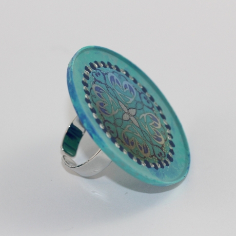 Ring Unikat mit Delfin Mandala in Türkis Blau, Delfin Damenring