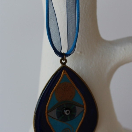 Auge Halskette in dunkelblau türkis mit weicher Bänderkordel