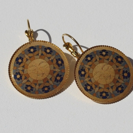 Dekorative Brisuren Ohrringe mit Sonne Mandala in Gelb Blau Gold