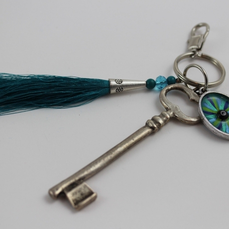Glücks Auge Anhänger mit Vintage Schlüssel und Quaste, türkis