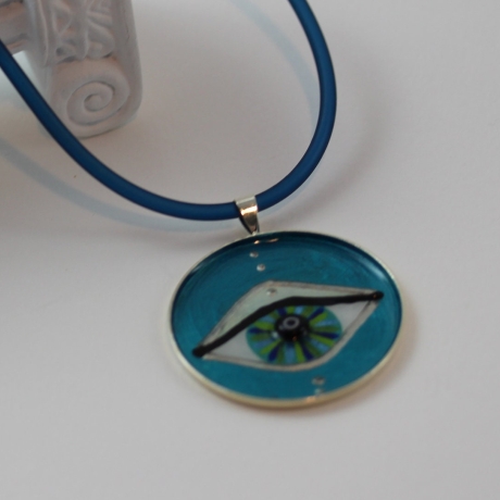 Halskette mit Auge, Schmuck handbemalt, Kette in Meeresfarben