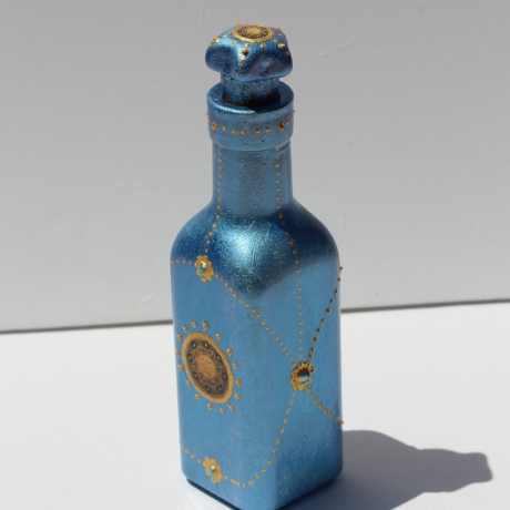 Eckige Deko Flacon Flasche mit Sonne, Glas Dekoration blau gold