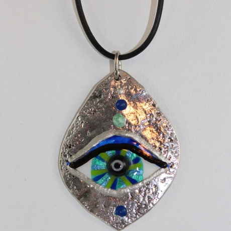 Glücksbringer Halskette mit Mati Auge an Kordelkette, blau grün