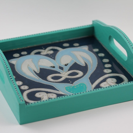 Quadrat Tablett mit Delphin Motiv, edel mit Blattsilber belegt