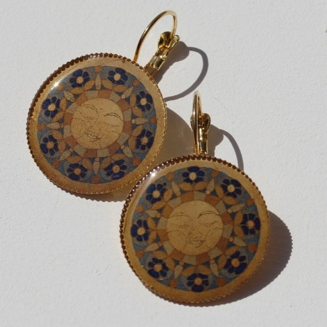 Dekorative Brisuren Ohrringe mit Sonne Mandala in Gelb Blau Gold