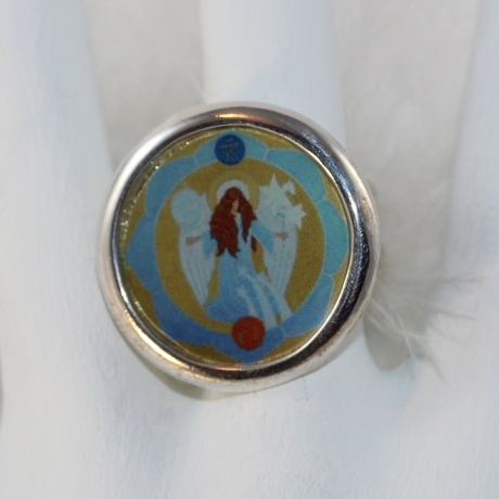 Engel Ring mit Erzengel Gabriel in runder Fassung, blau hellblau