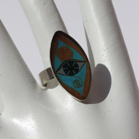 Boho Stil Ring Unikat mit Glücksbringer Auge in Gelb Türkis