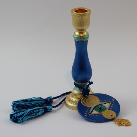 Kerzenständer mit Mati Auge, Blattgold belegt, blau türkis gold