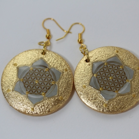 Ohrringe mit Blume des Lebens, Lebensblume Ohrschmuck creme gold