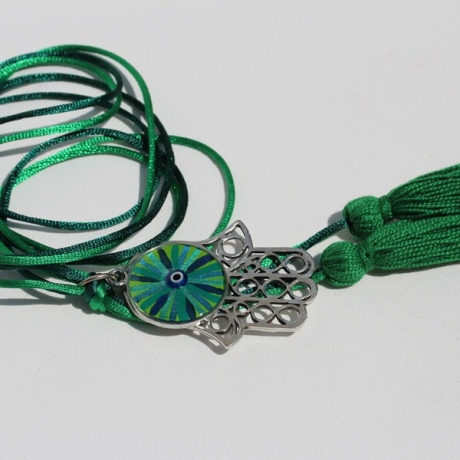 Quasten Halskette mit Hamsa Fatima Hand und Glücks Auge, grün