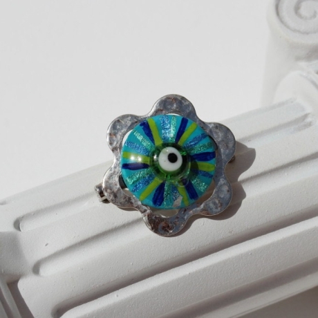 Brosche Blume mit Mati Auge, Anstecker in Türkis Blau Petrol