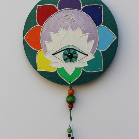 Chakra Farben Lotus Symbol Wand Deko mit Mati Auge und Om, bunt
