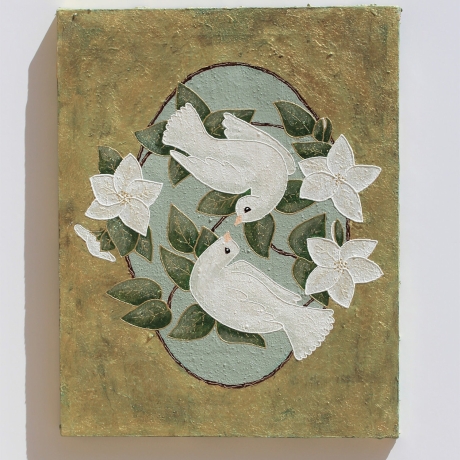 Malerei mit Friedenstauben im Nest, Tauben Wand Deko vergoldet