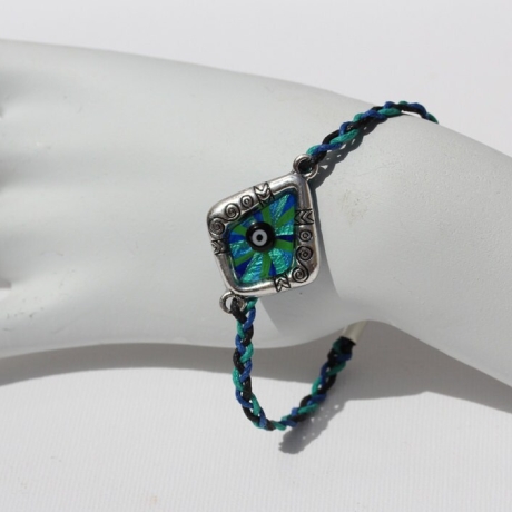 Armband mit Glücksbringer Auge in Rhombe mit Flechtkordel blau