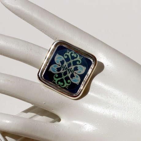 Delphin Mandala Ring mit Quadrat Fassung, Delfin Ring dunkelblau