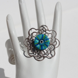 Unikat Ring mit Glücksbringer Auge in großer Fassung, türkis
