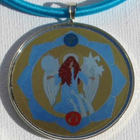 Engel Halskette mit Erzengel Gabriel an Seidenkordel, türkisblau