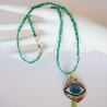 Boho Halskette mit Glücksbringer Auge an Flechtkordel grün blau