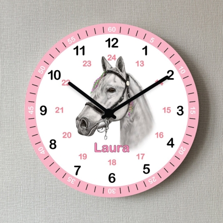 Kinder Wanduhr Pferd Lernuhr Rosa mit Wunsch Name Mädchen 