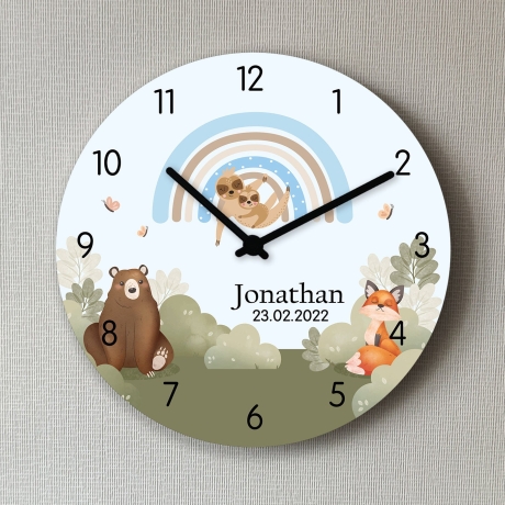 Kinder Wanduhr Regenbogen lautlos Faultier Tiere Geburtsdatum