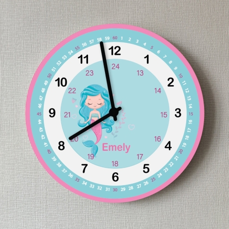 Kinderzimmer Uhr Meerjungfrau Lernuhr mit Namen personalisiert 