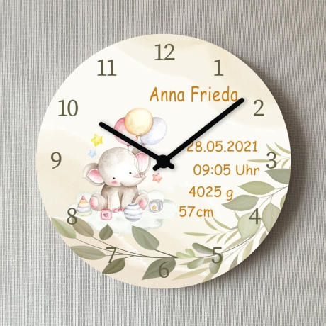 Wanduhr Elefant Baby Geburtsdaten Geburt Junge Mädchen Uhr 25 cm