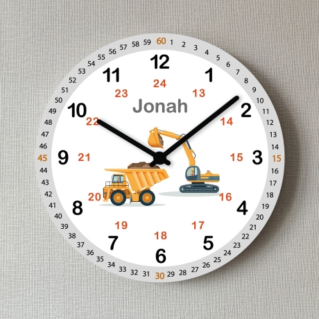 Kinderzimmer Wanduhr Bagger 12/24 Stunden Kinder Lernuhr Namen