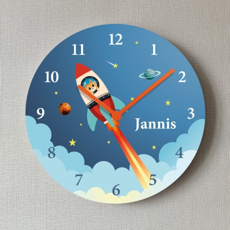 Kinderzimmer Wanduhr Rakete Katze Weltall Uhr mit Name Kinder
