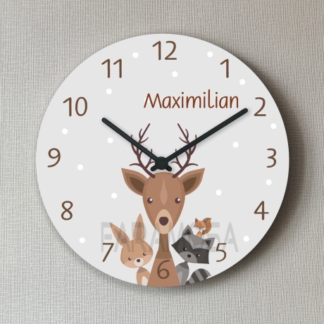 Kinder Wanduhr Waldtiere Tiere Mädchen Junge Hirsch Waschbär