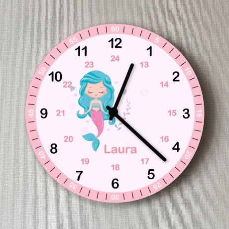 Kinder Wanduhr Meerjungfrau mit Namen Geschenk Mädchen Rosa