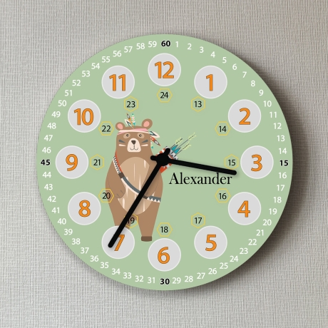 Personalisierte Lernuhr Kinder Wanduhr Indianer Bär