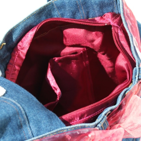 Lustige Damen Unikat Jeans Tasche mit Rosen und Spitze in Pink