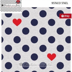 Stoff Baumwolle Jersey Punkte Herzen hellgrau blau rot