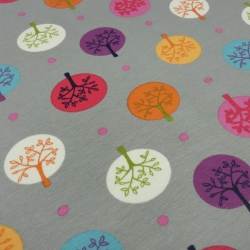 Stoff Baumwolle Jersey Kreise Punkte Bäume taupé curry rot bunt