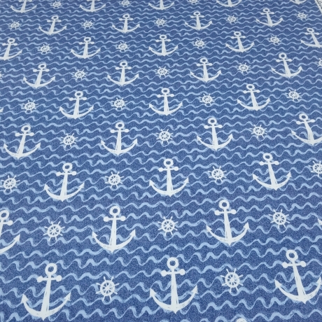 Stoff Baumwolle French Terry maritimen Anker Wellen blau weiß