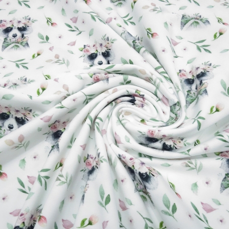 Stoff Baumwolle Jersey Waschbär Racoon Blumen weiß rosa grün