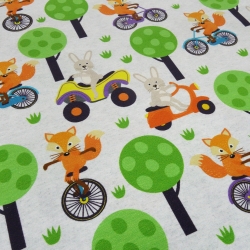 Stoff Baumwolle Jersey Füchse Hasen Bäume grau orange grün