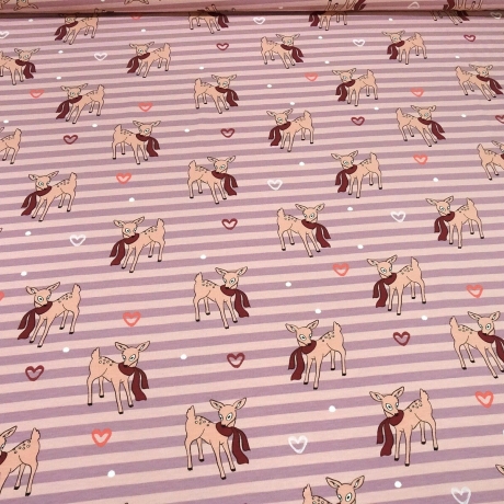 Stoff Baumwolle Jersey Streifen Reh Kitz Herzen rosa flieder